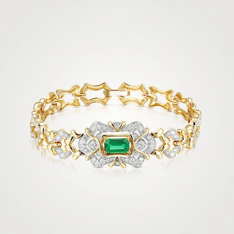 French Vintage Emerald Cut Green Zircon Link Bracelet Art Deco Architectural Gold Plated Copper Jewelry For Women