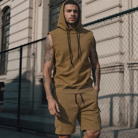 Gilet À Capuche Sans Manches Pour Hommes Et Short Cargo Sport Décontracté Course Été Tricot Mélange Coton Délavé Acide