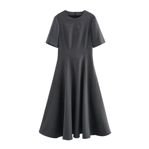Vestido Midi De Poliéster De Color Sólido Elegante Manga Corta Cuello Redondo Cintura Alta Corte En A Estilo Vintage Para Mujer