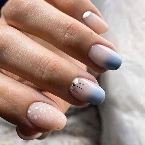 Faux Ongles À Presser Ovales Dégradé Bleu Rose Motif Soleil Strass Paillettes Clou Doré Brillant Mat Ongles Artificiels