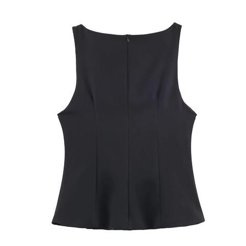 Women Slim Fit Sleeveless Tank Top Elegant Solid Black With Rhinestone Buttons Decorative Back Zipper Party Wear