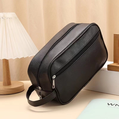 PU Leather Toiletry Bag Waterproof Large Capacity Travel Organizer Wash Pouch With Handle For Men Women Lychee Pattern Portable Makeup Storage Case