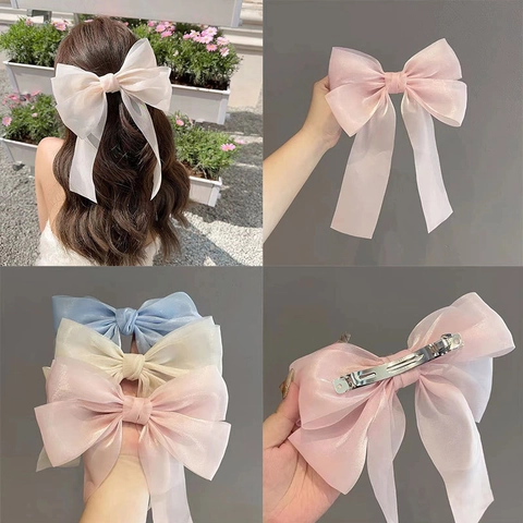 Grande Barrette À Cheveux Noeud En Organza Avec Longs Rubans Maille Douce Élégant Accessoire Cheveux Femmes