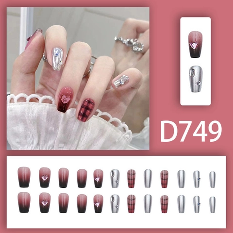 Press On Nägel Rot Schwarz Verlauf Herz Strass Metallic Gitter Ballett Künstliche Nägel Für Frauen Sweet Cool Lange Nagelspitzen
