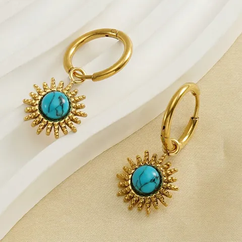 Vintage Sonnenstrahl Hängeohrringe 18K Vergoldet Edelstahl Blau Türkis Sonnenblume Reifen Ohrringe Für Frauen