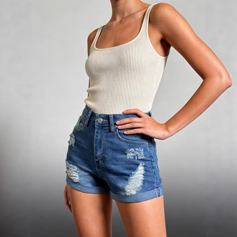 Pantaloncini Di Denim Strappati Da Donna Vita Alta Effetto Consumato Orlo Con Risvolto Estate Casual Cotone Blu
