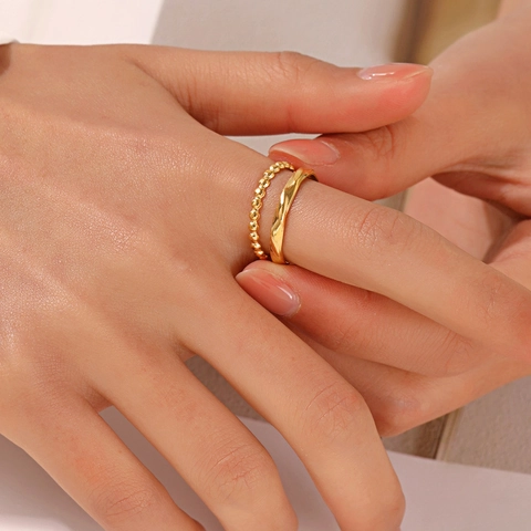 Double Layer Stainless Steel Ring For Women Gold Plated Beaded Wavy Geometric Minimalist Adjustable Open Finger Ring