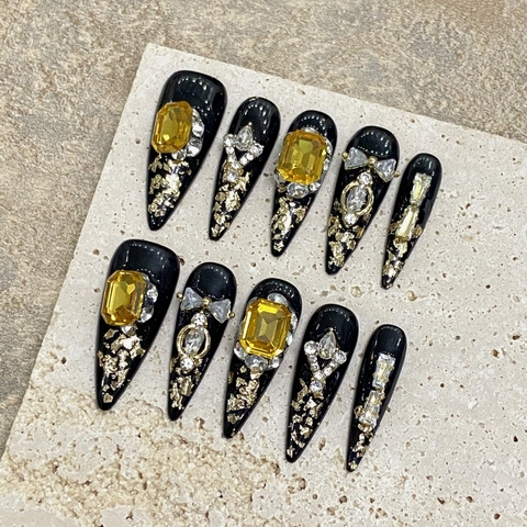 Handmade Black Stiletto Press On Nails Luxury Zircon Yellow Rhinestone Gold Foil Baroque Vintage Style False Nails