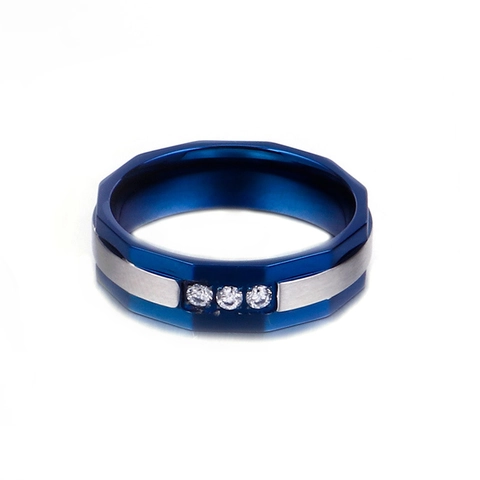 Anello Da Uomo In Acciaio Inossidabile Bicolore Sfaccettato Fascia Geometrica Con Tre Pietre Di Zirconia Gioielli