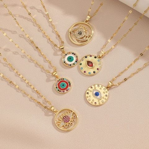 Evil Eye Pendant Necklace Stainless Steel Link Chain Copper Round Coin Colorful Zircon Enamel Retro Bohemian Charm For Women