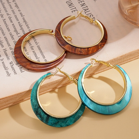 Orecchini A Cerchio Geometrici Con Texture Marmo Acrilico Metallo Dorato E Perno In Argento Sterling 925 Retro Per Donna