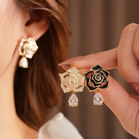 Roos Bloem Hangende Oorbellen Emaille Koper Zirkoon Vintage Luxe Frans Chique Sieraden Voor Dames Met Zilveren Oorsteker