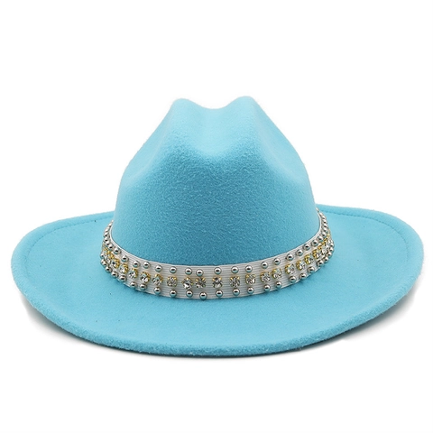 Cappello Fedora A Tesa Larga Feltro Di Lana Stile Cowboy Occidentale Fascia Decorativa Strass Rivetti Festa Viaggio Unisex