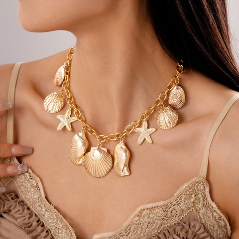 Collar De Colgante De Aleación De Estrella De Mar Y Concha Joyería De Vacaciones En La Playa Estilo Bohemio Para Mujeres