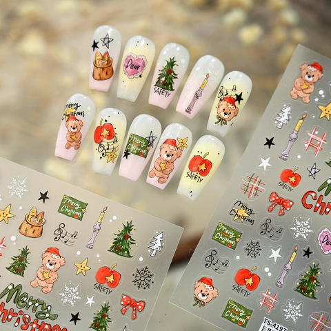 Autocollants Art Des Ongles Noël Ours Dessin Animé Mignon Sapin Noël Flocons Neige Auto Adhésif Décoration Manucure