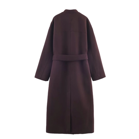 Cappotto Lungo di Lana da Donna Collo in Piedi Manica Lunga Monopetto Con Cintura Giacca Streetwear Borgogna Autunno Inverno
