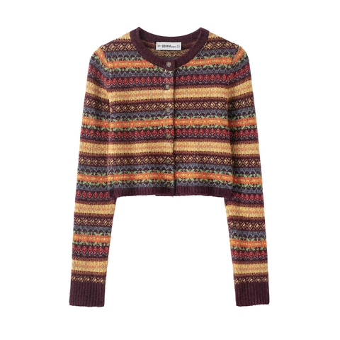 Fair Isle Knitted Cardigan Round Neck Long Sleeve Button Up Vintage Colorful Geometric Pattern Cropped Sweater For Women