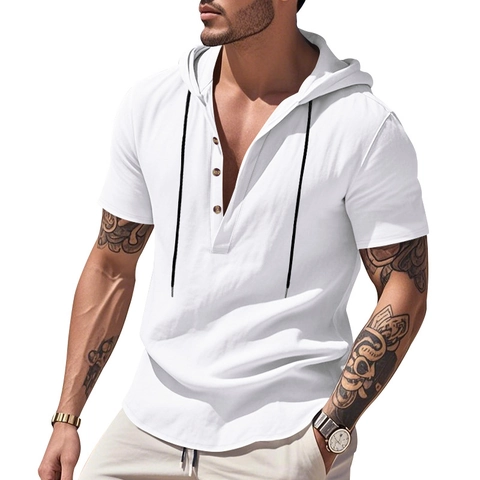 Men Casual Linen Henley Hoodie Shirt Loose Fit Short Sleeve Hooded Beach Shirt With Pocket Breathable Solid Color Top