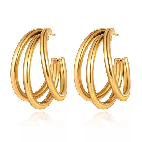 Drievoudige Ring C-Vormige Creolen Voor Dames Roestvrij Staal Minimalistisch Geometrisch Trendy Veelzijdige Sieraden
