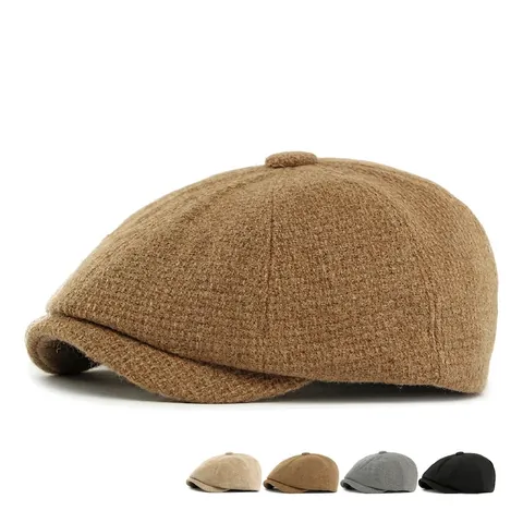 Vintage Wool Blend Newsboy Cap For Women Autumn Winter Solid Color Knitted Baker Boy Hat Retro British Octagonal Hat Men