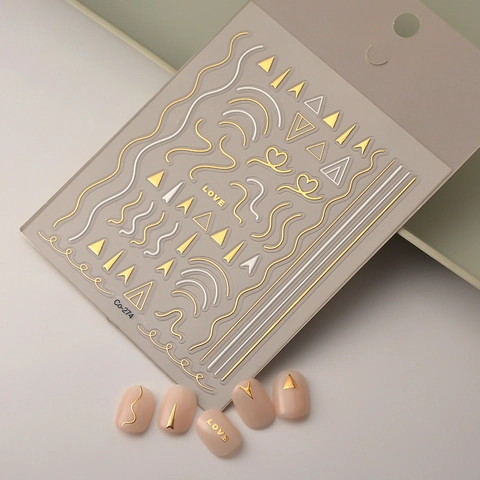 3D Embossed Nail Art Stickers Metallic Gold White Geometric Lines Heart Love Patterns Waterproof Manicure Decor