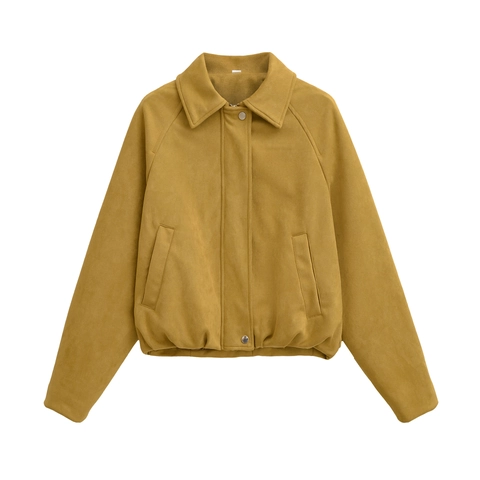 Chaqueta Bomber De Gamuza Sintética Para Mujer Solapa Manga Raglán Suelta Casual Pilot Outwear Color Sólido Con Bolsillos