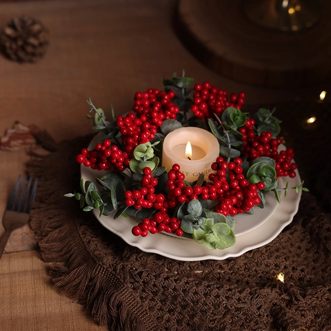 Christmas Candle Ring Wreath Artificial Poinsettia Eucalyptus Red Berries Pine Cones For Table Centerpiece Holiday Party Decor