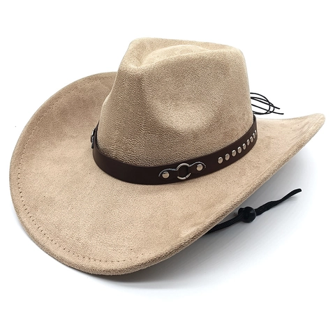 Sombrero De Vaquero Occidental Ala Ancha Fedora Ante Con Banda Cuero Remaches Cordón Ajustable Para Viento Unisex