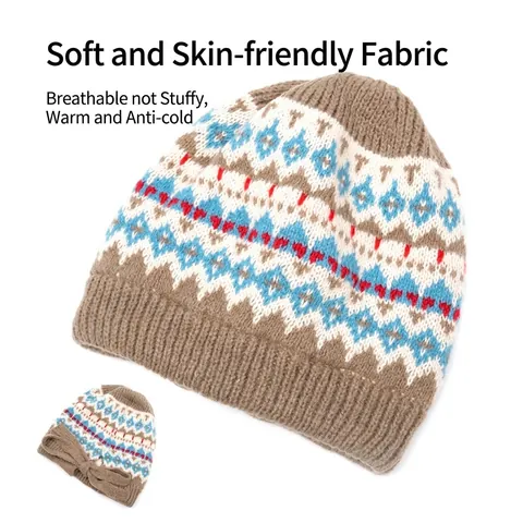 Winter Knitted Beanie Hat With Ear Flaps And Long Straps Acrylic Ethnic Jacquard Pattern Warm Outdoor For Women