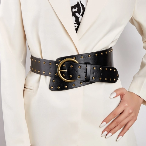 Cintura Larga Da Donna In Pelle PU Con Rivetti Metallici Fibbia Rotonda Stile Punk Retrò Per Abiti Jeans