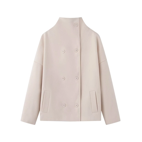 Women's Winter Casual High Neck Double Breasted Woolen Coat Jacket Solid Color Drop Shoulder Loose Pocket Outwear