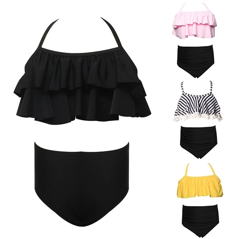 Mädchen Bikini Badeanzug Rüschen Halfter Hohe Taille Nylon Quaste Pom Beach Kinder Bademode Oberteil Und Hose
