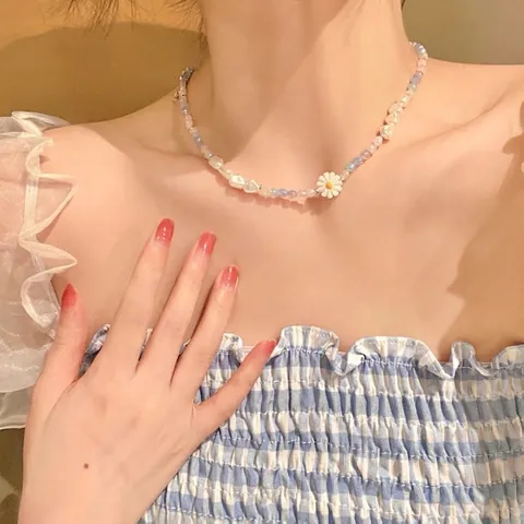 Women Fashion Artificial Pearl Daisy Pendant Necklace Bracelet Set Colorful Beaded Clavicle Chain Sweet Floral Jewelry