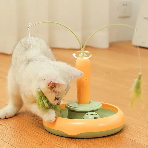 Electric Automatic Cat Toy Rotating Feather Teaser Interactive Track Bell Ball ABS Plastic Carrot Shaped For Indoor Cats