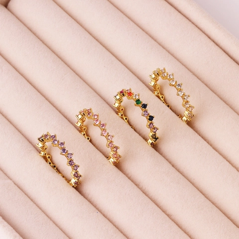Adjustable Copper Ring Gold Plated Wavy Band Cubic Zirconia Inlaid Colorful Retro Luxury Finger Jewelry For Women