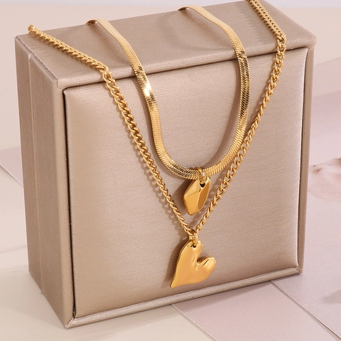 Collana Doppio Strato Acciaio Inossidabile Ciondolo Cuore Geometrico Catena Serpente Stile Vintage Francese Donna