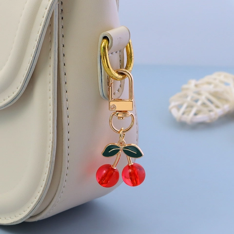 Sweet Cherry Fruit Shape Keychain Alloy Enamel Leaf Acrylic Beads Bag Pendant Decoration Accessory For Women Girls