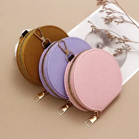 Round Coin Purse PU Leather Litchi Texture Mini Portable Wallet With Gold Zipper And Hook Key Earphone Storage For Women