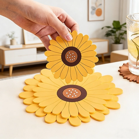 PVC Heat Resistant Placemats And Coasters Cute Sunflower Cherry Flower Pizza Shapes Non-Slip Table Mats Dining Decor