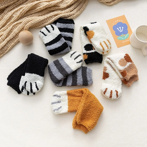 Women Winter Warm Plush Socks Cute Cat Paw Pattern Thickened Coral Fleece Socks Cozy Floor Sleep Socks Nylon Crew Socks