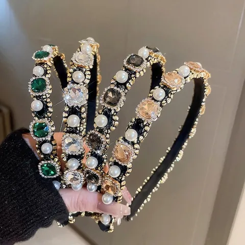 Retro Luxury Headband Artificial Pearl Rhinestone Crystal Alloy Velvet Padded Hair Hoop Accessory For Women Elegant Vintage Style