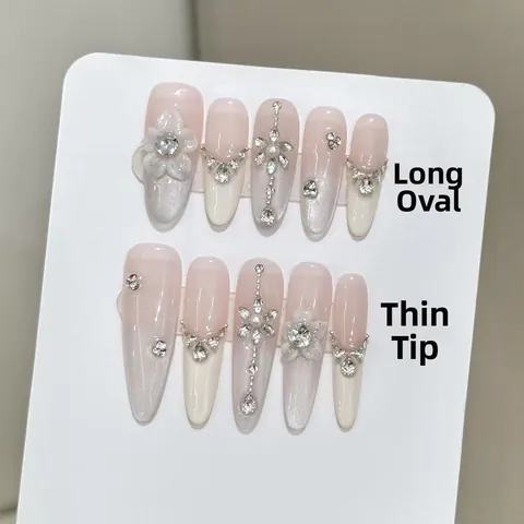 Handgefertigte Französische Lange Stiletto Nagel-Tips Mit 3D Weißer Blume Strass Künstliche Perle Dekor Katzenauge Luxus Kunstnägel Damen