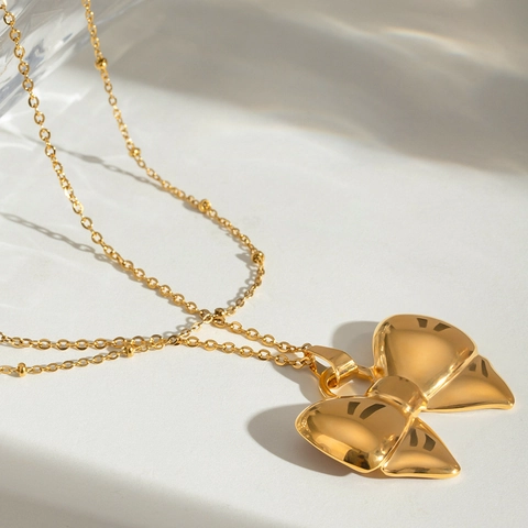 Bow Pendant Necklace 18K Gold Plated Stainless Steel Layered Satellite Chain Minimalist Elegant Jewelry For Women