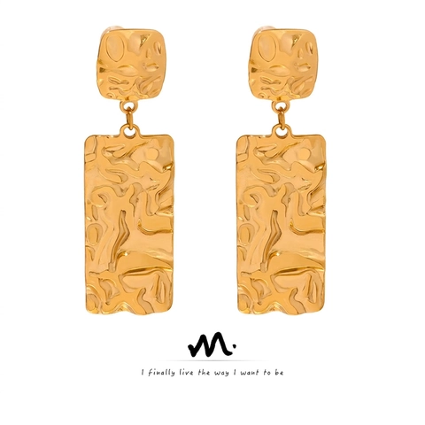 Orecchini Pendenti Rettangolari Texture Martellata Retro Placcati Oro Acciaio Al Titanio Geometrici Per Donna