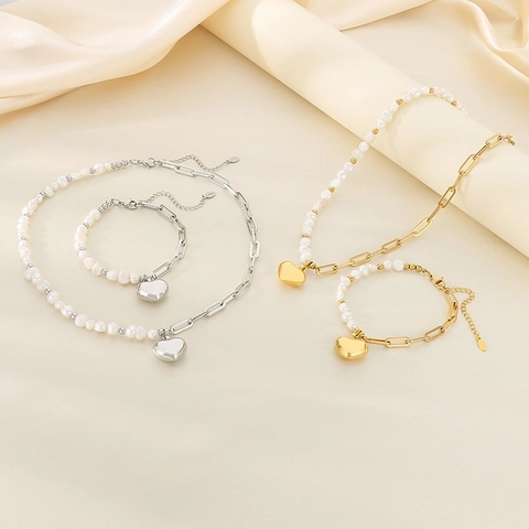 Stainless Steel Heart Pendant Necklace And Bracelet With Artificial Baroque Pearl Paperclip Chain Elegant Jewelry For Women
