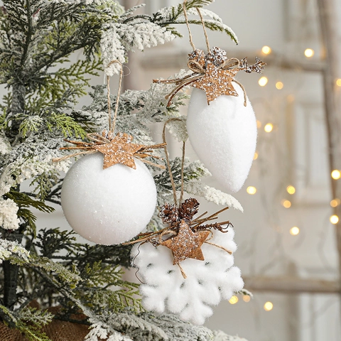 Ornamenti Appesi Natale Schiuma Floccata Bianca Stella Legno Pigna Naturale Corda Canapa Per Decorazione Invernale Rustica
