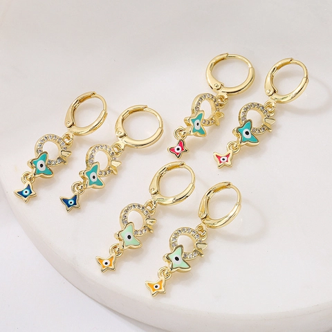 Evil Eye Anhänger Ohrringe 18K Vergoldet Kupfer Schmetterling Stern Emaille Strass Tropfen Schmuck Für Damen
