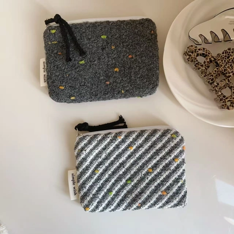 Mini Woolen Coin Purse Zipper Storage Pouch Colorful Dot Striped Pattern Card Lipstick Organizer Fabric Bag Women