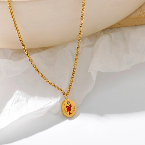 Collana Pendente Acciaio Inossidabile Ovale Smalto Animale Serpente Ape Cuore Amore Bussola Strass Placcato Oro 18K