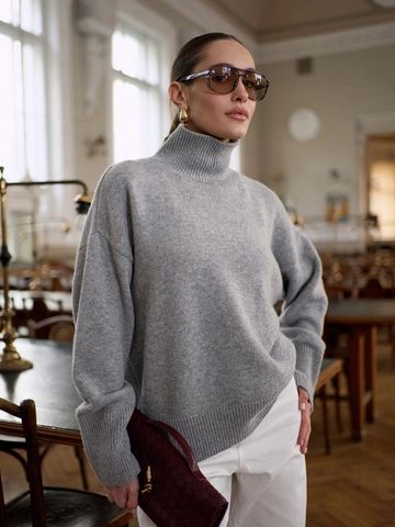 Pull En Maille À Col Roulé Pour Femmes Coupe Décontractée Mélange Coton Polyester Manches Longues Chaud Automne Hiver Gris